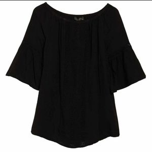 Black Off Shoulder Bell Sleeve Crochet Accent Dress